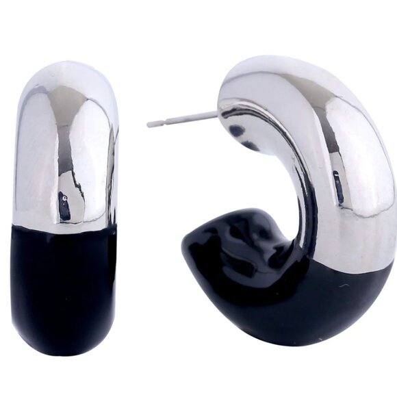 NEW Silver & Black 14K Dipped Arch Hoop Earrings Hypoallergenic Brass Enamel - Picture 1 of 2